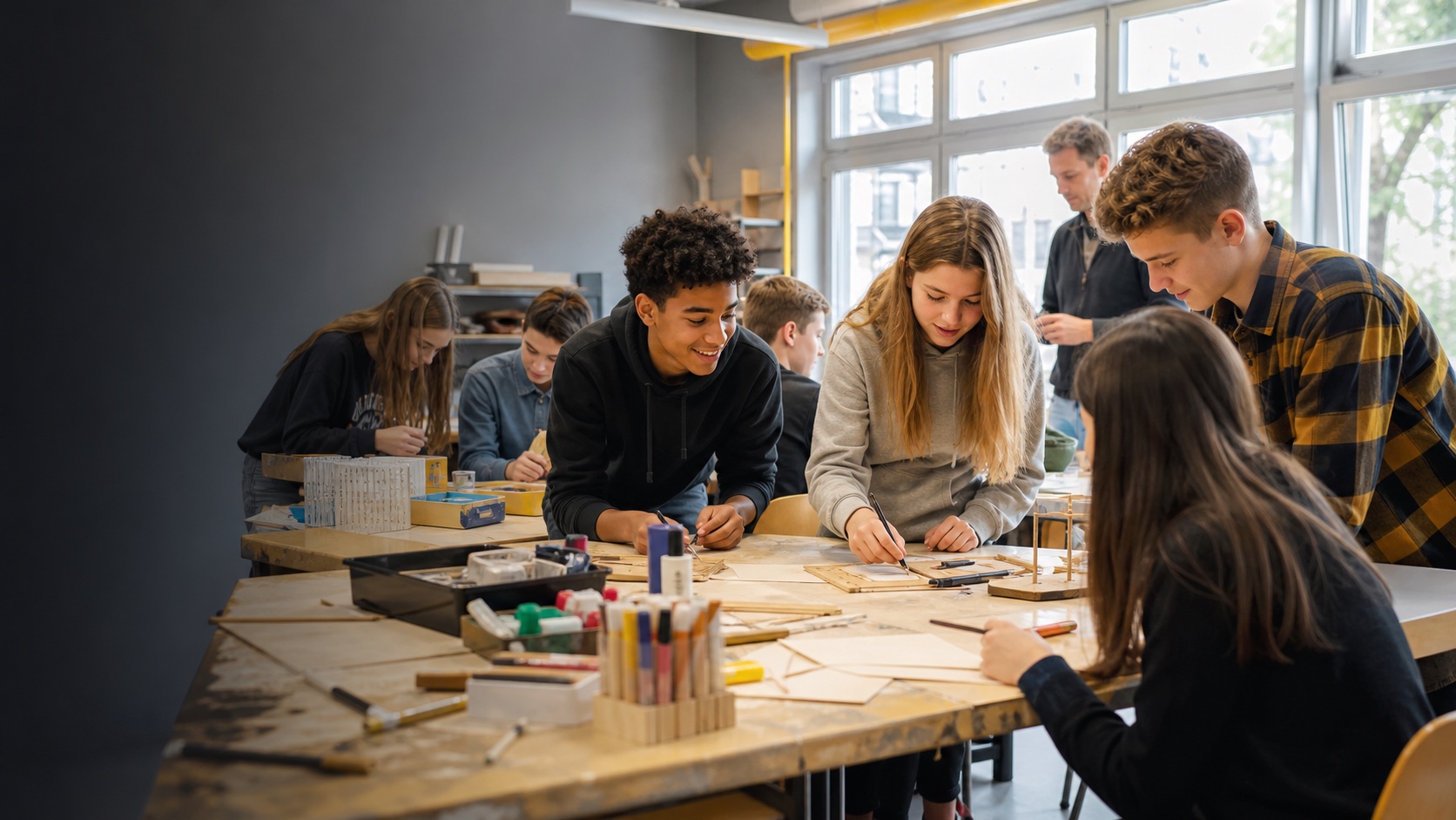 Schülerinnen und Schüler arbeiten gemeinsam an einem Projekt